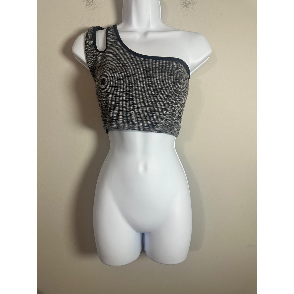 OFFLINE by Aerie One Shoulder Cutout Space Dye Ribbed Crop Top Black Gray Small